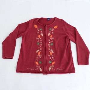Vintage Basic Editions Maroon Harvest Fall Leaf Embroidered Zip Knit Sweater L